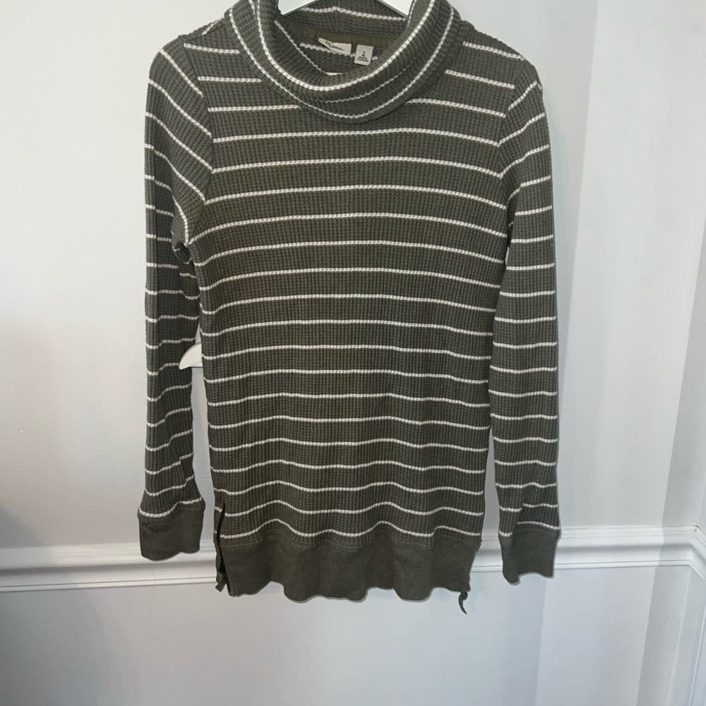 L.L. Bean Olive Green Striped Cowl Neck Sweater